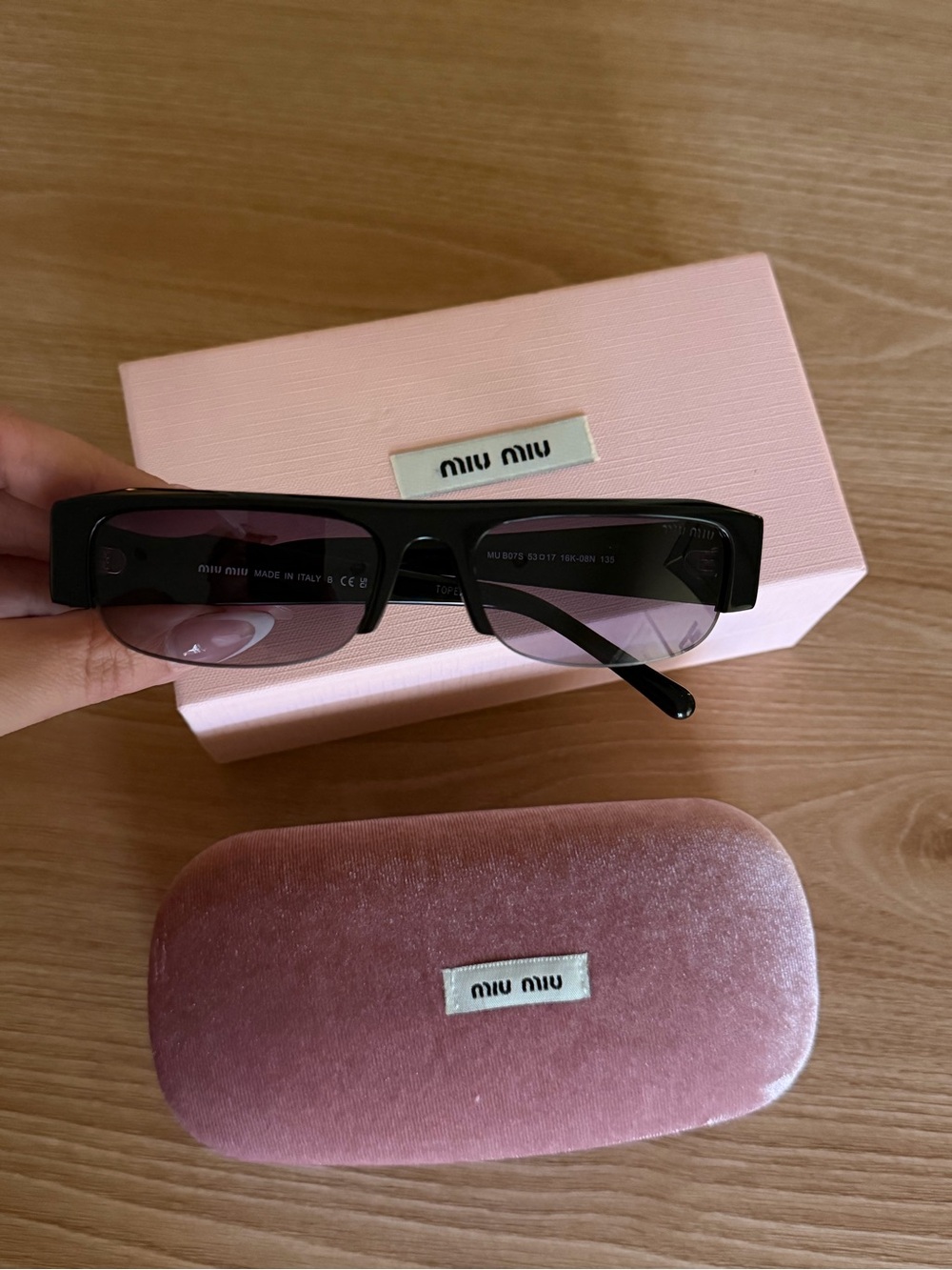 Miu Miu Black Frame Sunglasses with Pink Velvet Case and Box